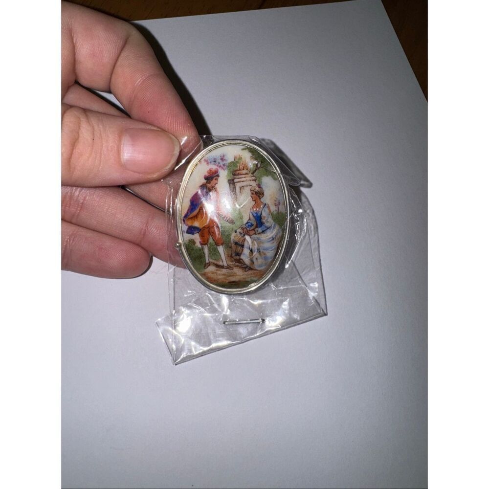 Vintage Limoges Porcelain Cameo Brooch Made in Limoges France Romantic Scene
